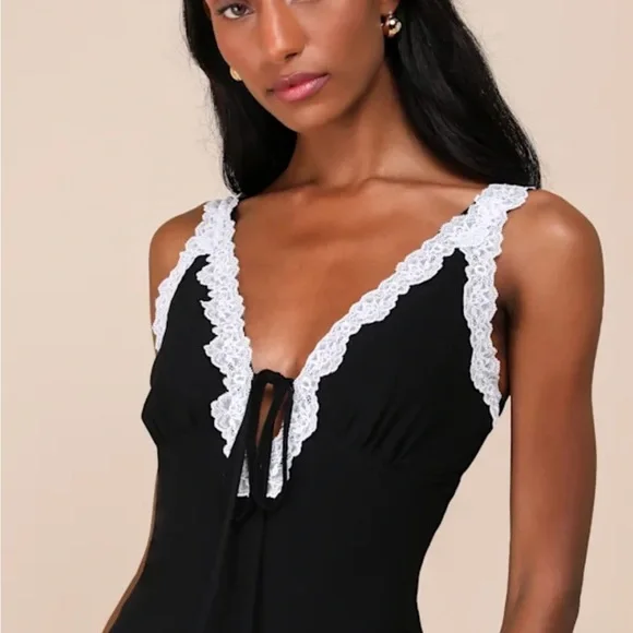 Lulu's Elegant Black Maxi Dress with White Lace - Picture 3 of 5